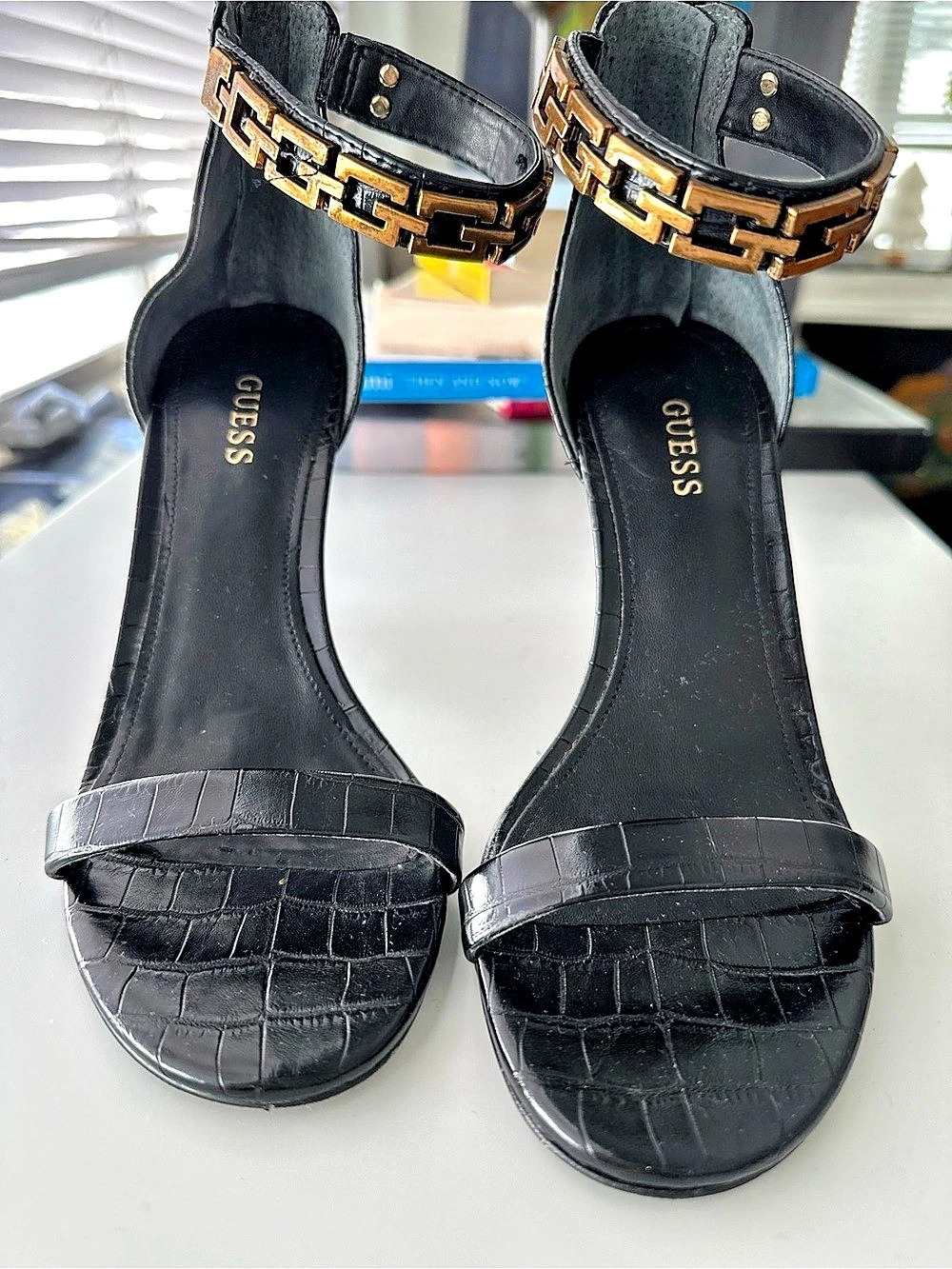 GUESS Kaida Croc-Embossed Stiletto Sandals Black Heels